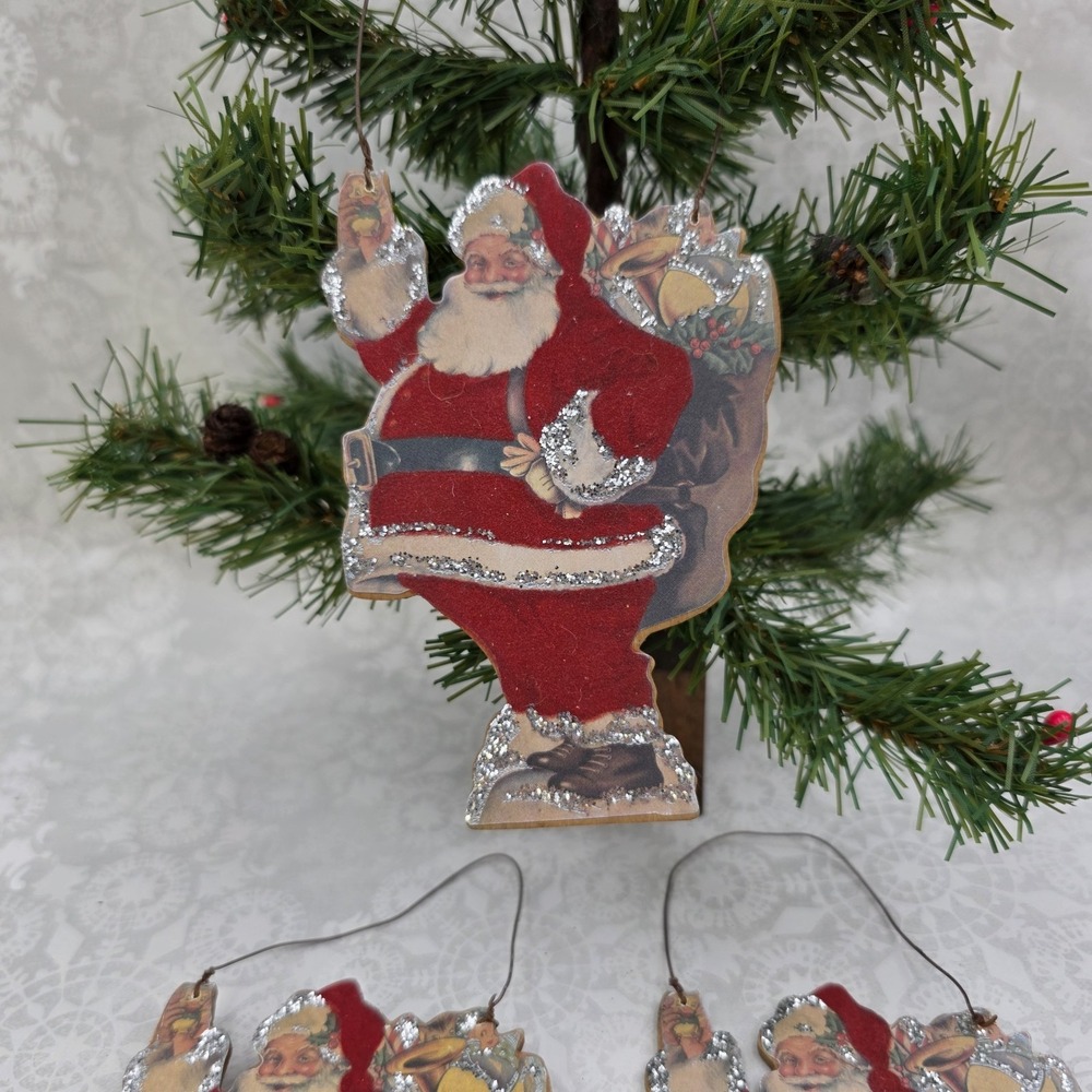 3 VTG Santa Claus Balsa Wood Felt Glitter Christmas Tree Ornaments Toys Sack